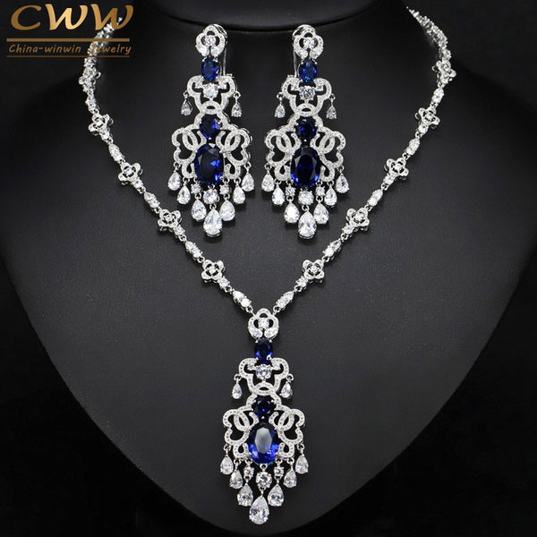CWWZircons Top Quality Royal Blue Cubic Zirconia African Big Statement Earring Necklace Set For Women Evening Party Jewelry T276 - Stardust Hut