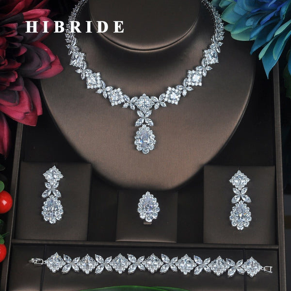 HIBRIDE Clear Crystal Cubic Zirconia Jewelry Sets For Women Bridal Wedding Sets 4 pcs Earring Necklace Ring Bracelet Gift N-315 - Stardust Hut
