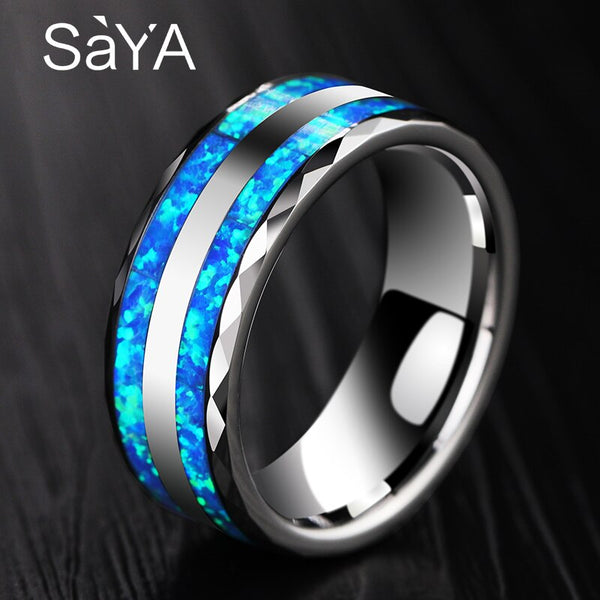 New Arrival Luxurious 8mm Width Tungsten Ring for Wedding inlay Two Pcs Synthetic Blue Opal for Woman Man Comfort Fit 6-12.5 - Stardust Hut
