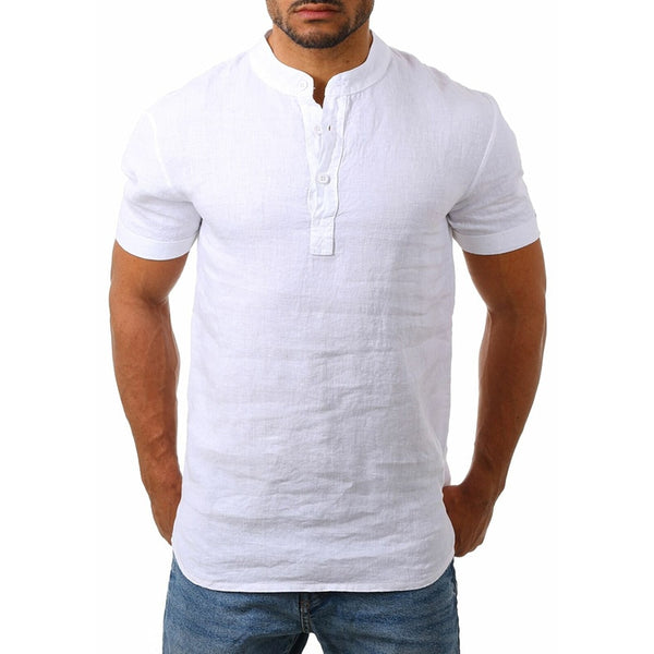 Mens Cotton Linen Solid Slim Fit Shirts Man Stand Collar Short Sleeve Shirt Summer Male Plus Size Muscle Shirts Top Four Color - Stardust Hut